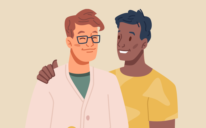 An illustrative style image of two individuals who identity as gay men standing next to one another. One has his arm around the other's shoulders and they're both smiling.
